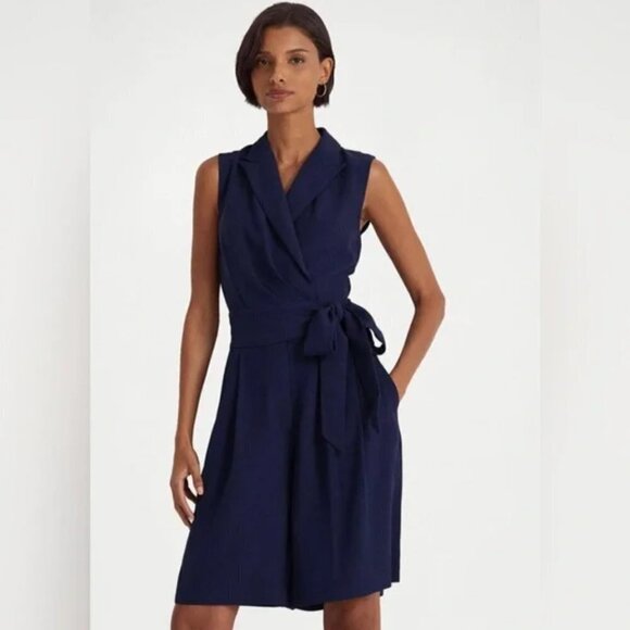 Lauren Ralph Lauren Belted Georgette Sleeveless Romper Refined Navy Size 10 - Picture 2 of 14